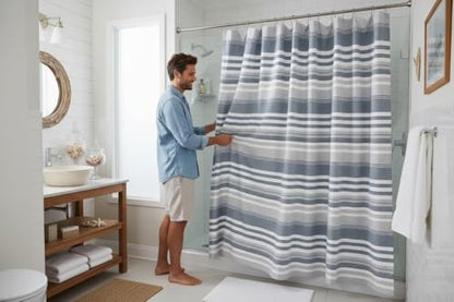 Modern Coastal Stripe Shower Curtain, Blue White Gray Thick Cotton, 72x72 | Elegant Modern Nautical Beach Striped Denim White Grey Hotel Feel Fabric, 72" x 72" Luxury Cloth Bathroom Décor - color: Oasis Blue