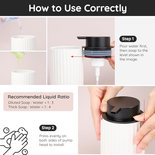 Segbeauty Foaming Soap Dispenser Ceramic, 10.8oz White Foam Hand Soap Dispenser for Bathroom, 320ml Refillable Lotion Dispenser Bottle with Foaming Pump, Empty Liquid Containers for Kitchen - color: White Black, style: Foaming