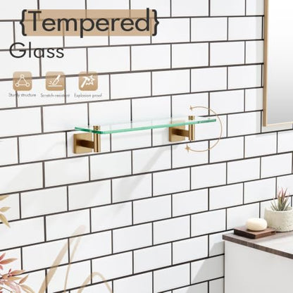 KOKOSIRI Wall Shelves Bathroom Hardware Glass Floating Shelf 16-Inch for Bedroom, Living Room, Kitchen, Hanging Rack Champagne Bronze B1105CPG-L16 - color: Champagne Bronze, size: 16-Inch