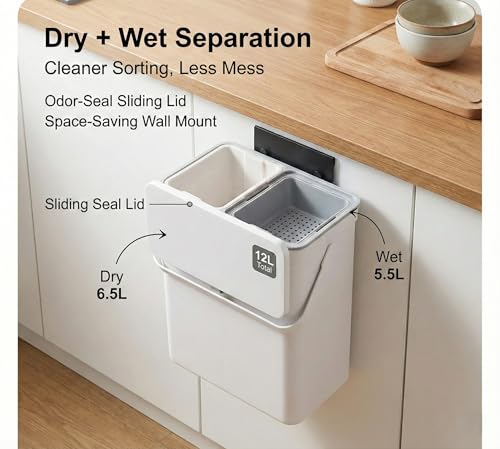 3.2 Galoon Kitchen Compost Bin with lid | Odorless Hanging Trash Can with Sliding Lid for Dry & Wet Waste – 12 L Wall-Mounted Garbage Can for Kitchen Cabinet. Under Sink Trash can for Office.