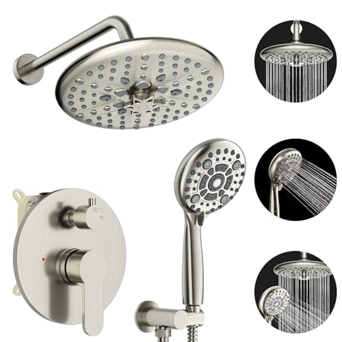 EMBATHER 10'' Shower System with Handheld Trim Kit, Brushed Nickel | 2-IN-1 Shower Faucet Set, 8-Mode Shower Head, 6-Setting Handheld Spray, Pressure-balanced Valve & Trim Kit - color: Brushed Nickel, size: 10 Inch
