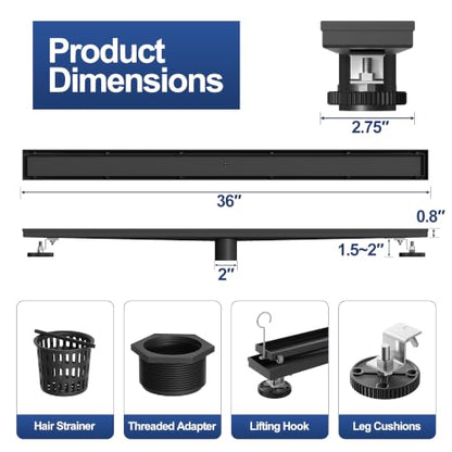 Neodrain 36-Inch Linear Shower Drain-Matte Black,with Tile Insert Grate | 304 Stainless Steel, Fast Drainage, Rectangle Shower Floor Drain with Leveling Feet & Hair Strainer, Fits Bathroom, Balcony - color: Matte Black, size: 36 IN