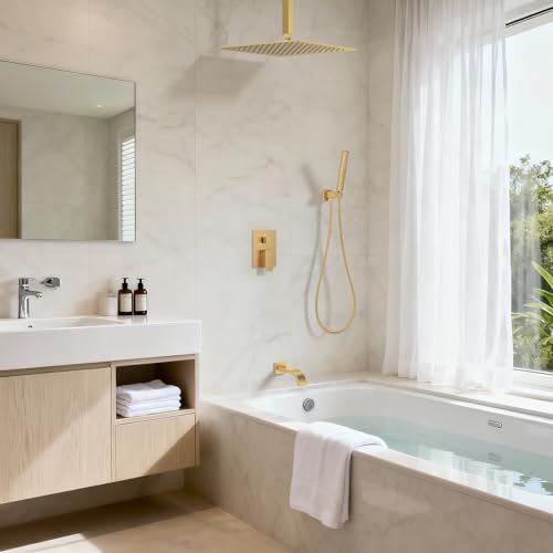 Brushed Gold Shower System with Tub Spout, Ceiling Mounted Bathtub Shower Faucet Set, 12" Rainfall Shower Head and Handheld Shower Combo, High Pressure Shower Fixtures Set with Rough-in Valve - color: Brushed Gold, style: 12" Ceiling Mounted Shower System