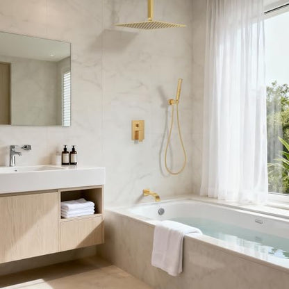 Brushed Gold Shower System with Tub Spout, Ceiling Mounted Bathtub Shower Faucet Set, 12" Rainfall Shower Head and Handheld Shower Combo, High Pressure Shower Fixtures Set with Rough-in Valve - color: Brushed Gold, style: 12" Ceiling Mounted Shower System