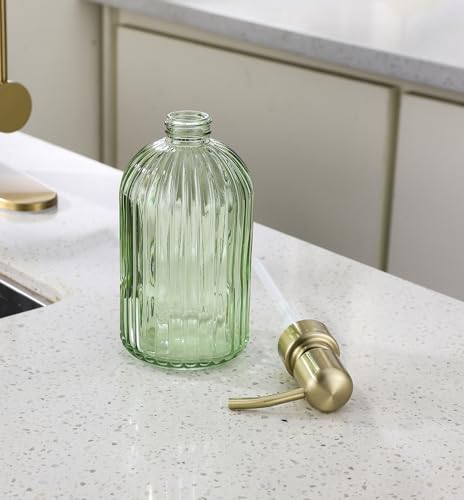 16Oz Green Glass Soap Dispenser with Rust Proof Stainless Steel Pump, Green Stripe Bathroom Hand Dish Lotion Dispensers with Brushed Gold Pump,Brushed Gold Glass Soap Dispenser,2 Packs - color: Brushed Gold + Green, size: 2-Pack