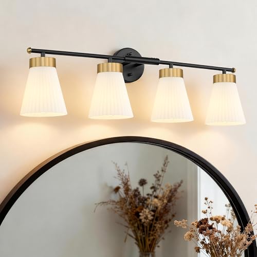 4-Light Bathroom Light Fixture, HWH 32 Inch Vanity Lights Over Mirror, Modern Sconce Wall Lighting with Frosted Milk White Striped Glass, Black and Gold Finish, 5HZG97B-4W BK+BG - color: Black and Gold, size: 4-Light