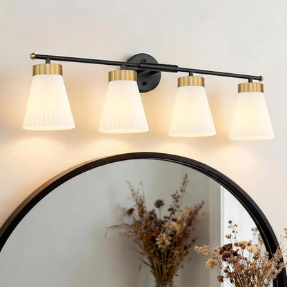 4-Light Bathroom Light Fixture, HWH 32 Inch Vanity Lights Over Mirror, Modern Sconce Wall Lighting with Frosted Milk White Striped Glass, Black and Gold Finish, 5HZG97B-4W BK+BG - color: Black and Gold, size: 4-Light
