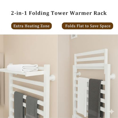 8-Bar Towel Warmer with with Top Warmer Shelf, Electric Towel Rack Set with Fast Heating, Auto Shut-Off Timer, Hardwired or Plug-in, Hot Towels in Bathroom - color: White