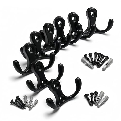 10 Pack Black Dual Prong Wall Hooks, 15 lbs Heavy Duty J-Shaped Coat Hooks with Screws & Anchors, Rust Resistant Wall Mounted Hooks for Farmhouse Industrial Entryway Bathroom - color: Black