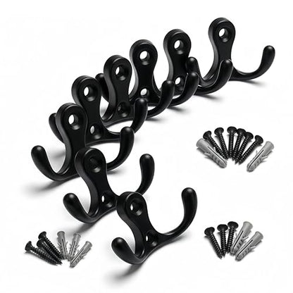10 Pack Black Dual Prong Wall Hooks, 15 lbs Heavy Duty J-Shaped Coat Hooks with Screws & Anchors, Rust Resistant Wall Mounted Hooks for Farmhouse Industrial Entryway Bathroom - color: Black