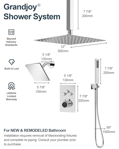Shower Faucet Set with Handheld Spray, Polished Chrome | 12" Ceiling Mount SUS304 Rainfall Shower Head System, 6" Side Head, 3-Function Thermostatic Valve Trim Kit, All Metal - color: Chrome