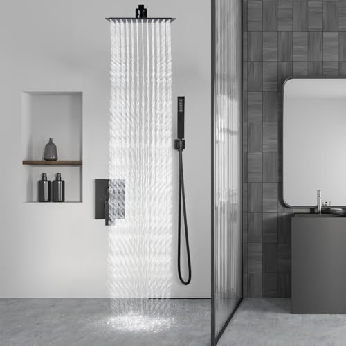 Aolemi Shower Faucet Set with Handheld Matte Black 10 Inch Head | Pressure Balance Shower Valve and Trim Kit,SUS304 Rain Head and Handle System,All Metal,Wall Mount,Bathroom,Handheld Spray - color: Black, size: 10 Inch Wall Mount Shower Head