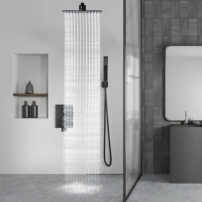 Aolemi Shower Faucet Set with Handheld Matte Black 10 Inch Head | Pressure Balance Shower Valve and Trim Kit,SUS304 Rain Head and Handle System,All Metal,Wall Mount,Bathroom,Handheld Spray - color: Black, size: 10 Inch Wall Mount Shower Head
