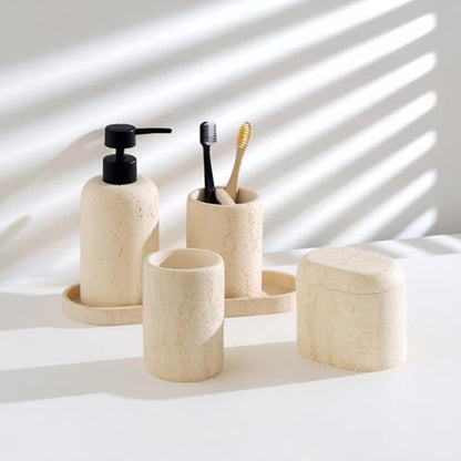 Bathroom Accessories Set, Travertine Stone Look, 5 PCS, Yellow | Modern, Bathroom Set with 13.53 OZ Soap Dispenser, Toothbrush Holder, Tumbler, Vanity Tray, Cotton Swab Jar for Countertop - color: Yellow 5 Pcs