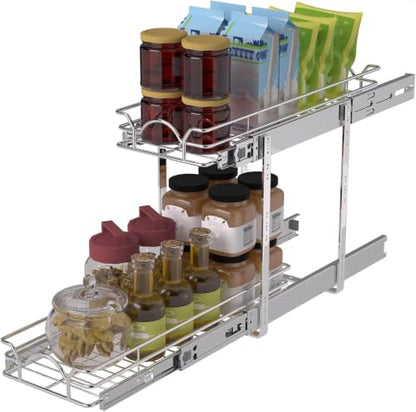 OCG 2 Tier Pull Out Cabinet Organizer (9.5" W x 21" D), Pull Out Drawers for Kitchen Cabinets, Pull Out Shelves for Base Cabinet Organization in Kitchen Bathroom Pantry, Chrome Finish - size: 9.5"W x 21"D, 2 Tier