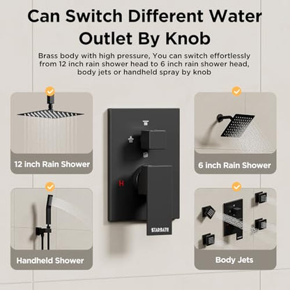 Shower Systems with Body Jets, STARBATH 4 Way 12+6" Rainfall Shower Head with Handheld Spray Combo, Ceiling Mounted Shower Jets System in Wall Shower Faucet Sets Complete, Matte Black - color: Matte Black, size: 6"+12"-01