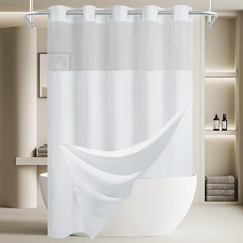 EUTXL Heavyweight No Hook Shower Curtain with Liner, White,71x98 | Snap in Liner, 256GSM Thick Waffle Fabric, Hotel Luxury Spa, Corner Magnets, Quick Dry, Waterproof & Washable, Extra Tall - color: White, size: 71"W x 98"L (Pack of 1)
