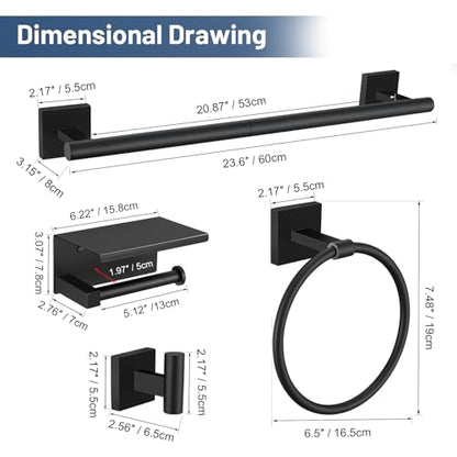 TURS 5-Pieces Matte Black Bathroom Hardware Set 23.6 Inch SUS304 Stainless Steel Towel Bar Set Wall Mounted Square Toilet Paper Holder with Shelf - color: Matte Black, size: 5-Pieces Set