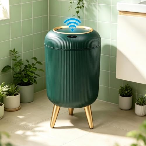 URALFA Motion Sensor Bathroom Trah Can, 3 Gal Automatic Touchless Trash Can | Touchless Sensor Bathroom Garbage Can with Lid, Smart Trash Bin for Bedroom, Office, Restroom, Removable Legs, Green and Gold - color: Green, style: Automatic with Legs