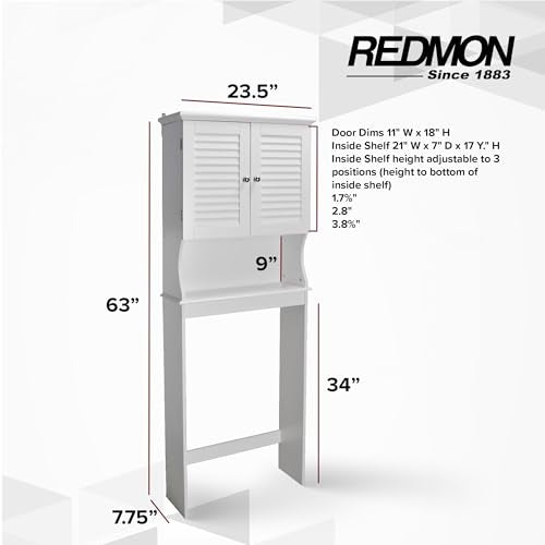 Redmon Louvered Double Doors Over the Toilet Space Saver Storage Cabinet (Full Side Panels), Adjustable Center Shelf, 23.50 Inch Width x 63.00 Inch Height, White Semi Gloss Enamel Finish
