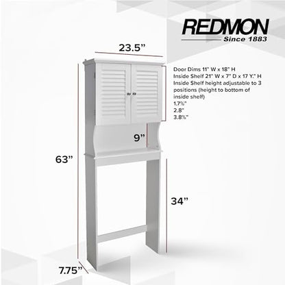 Redmon Louvered Double Doors Over the Toilet Space Saver Storage Cabinet (Full Side Panels), Adjustable Center Shelf, 23.50 Inch Width x 63.00 Inch Height, White Semi Gloss Enamel Finish
