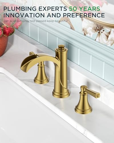 FORIOUS Brushed Gold Bathroom Faucet 3 Hole Widespread, Vanity Faucet Gold | Two Handle Antique Brass Waterfall Bathroom Faucet Gold 3 Hole with Metal Pop Up Drain, Pre-Assembled CUPC Hose and All Tools - color: Brushed Gold