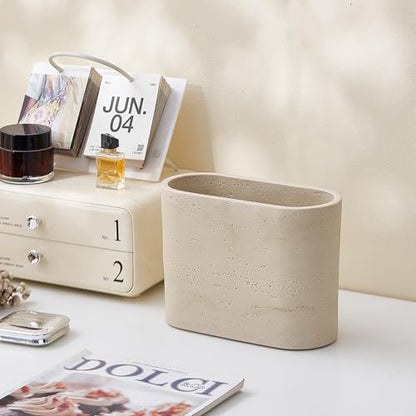 Natural Travertine Textures Mini Trash Can, Small Counter Rectangle Trash Can for Bathroom Kitchen Table Desk, Tiny Waste Basket for Vanity - Silicone Pad Anti Scratch, Non-Slip (Made of Resin) - color: Rectangle Travertine