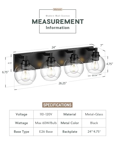 4-Light Matte Black Bathroom Vanity Light, Clear Glass Globe Shade | 26" modern bathroom light fixtures over mirror, E26 base, bulbs not included, VL195-MB-CL-4 - color: Black, Clear Glass, size: 4-light