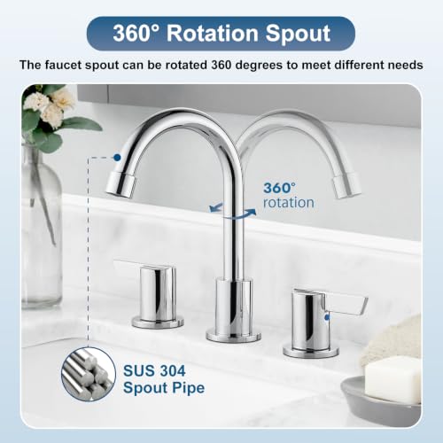 Bathroom Sink Faucet 3 Hole, 8 Inch Widespread, Polish Chrome | Lead-Free SUS304 Stainless Steel 8-Inch Widespread Bathroom Faucet with Pop-Up Drain & Supply Lines - color: Polish Chrome