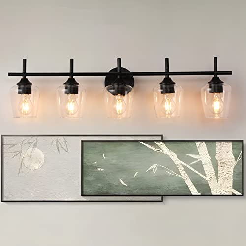 foucasal Bathroom Light Fixtures, 5-Light Matte Black Vanity Light | Win Glass Clear Shade, Modern Wall Lights Over Mirror Picture for Bathroom Bedroom Hallway Living Room (Black, 5-Light) - color: Black & Clear E26, size: 5-light