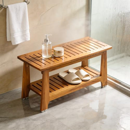 NNN 36" Commercial Heavy Duty Teak Shower Bench, Patented, Non-Slip Stable | with 8 Japan-Made Non-Slip Leveling Feet, Mortise-Tenon Legs 350lb, Pre-Oiled European Teak Oil, Marine-Grade Hardware - size: 36.2"W x 14" Dx 18"H