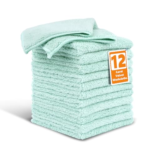 Coral Velvet Grayish Blue Washcloths 12 Pack, Highly Absorbent and Soft | Face Towel, Multi-Purpose White Bath Towels for Bathroom, Hotel, Spa, Gym and Kitchen - color: Grayish Blue, size: 12 PACK