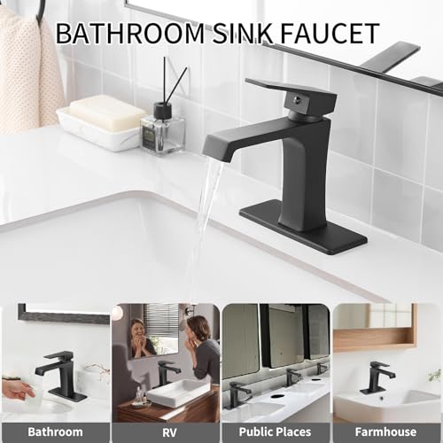 Waterfall Bathroom Faucet Black Bathroom Sink Faucet, Modern Single Hole Bathroom Faucet, Single Handle RV Sink Vanity Faucet—Includes Pop-Up Drain, Suitable for 1-Hole or 3-Hole - color: Black