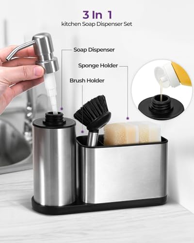 Kitchen Sink Caddy Organizer Stainless Steel Dish Soap Dispenser Set-3 in 1 | Kitchen Soap Dispenser,Sponge Holder for Kitchen Sink with Dish Brush,Dish Brush Holder-Rustproof,Multifunctional