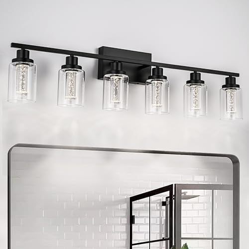 MELUCEE 6-Light Black LED Vanity Lights for Bathroom,3000K-6000K | Dimmable Bathroom Light Fixtures with Crystal Bubble Clear Glass Shade, LED Wall Light Fixture Built-In LED Chips - color: Black, size: LED-6 Lights