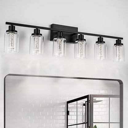 MELUCEE 6-Light Black LED Vanity Lights for Bathroom,3000K-6000K | Dimmable Bathroom Light Fixtures with Crystal Bubble Clear Glass Shade, LED Wall Light Fixture Built-In LED Chips - color: Black, size: LED-6 Lights