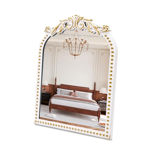 Vintage Makeup Mirror Antique Arched Vanity Tabletop Mirrors for Dresser,Baroque Decor Ornate Standing Mirror for Living Room,Desktop,Bedroom 12.1" x 9.8" - color: White
