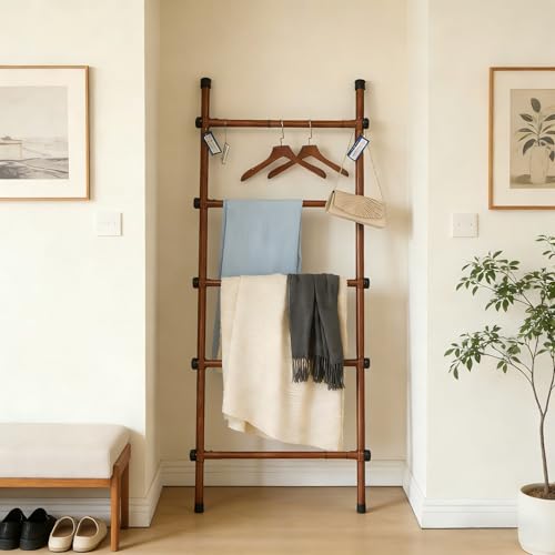 SIBRAD Expandable Blanket Ladder for Living Room, Adjustable Width (17.3"-32.3") Tall Metal Quilt Rack Wall Leaning, Rustic Brown Wood Grain 5-Tier Blanket Holder, Heavy Duty 45 Lbs Capacity - color: Brown Grain