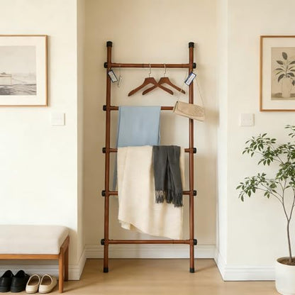 SIBRAD Expandable Blanket Ladder for Living Room, Adjustable Width (17.3"-32.3") Tall Metal Quilt Rack Wall Leaning, Rustic Brown Wood Grain 5-Tier Blanket Holder, Heavy Duty 45 Lbs Capacity - color: Brown Grain