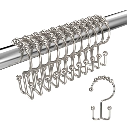 Brushed Nickel Shower Curtain Hooks Double Sided with Roller Balls | for Bathroom Rods, for Shower Curtain and Liner, Smooth Gliding, Rustproof Metal, Set of 12 Hooks - color: Nickel
