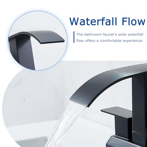 Black Bathroom Faucet, 4 Inch Centerset Bathroom Faucet 3 Hole, Matte Black 2 Handle Waterfall Bathroom Sink Faucet with Pop Up Drain and Supply Hoses, SC-BF203
