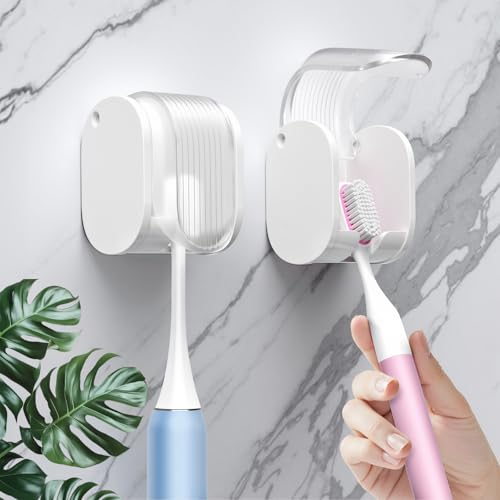 2 Pcs Toothbrush Holders Wall Mounted, Single Slot Design, Shower Self Adhesive Wall Mounted Toothbrush Holder with Cover, Waterproof and Dustproof, Suitable for Bathroom, Family, Travel (Transparent) - color: 2pcs-transparent