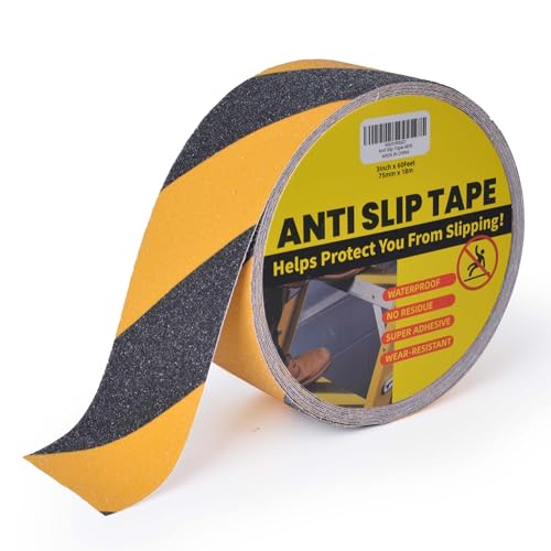 TAPEBEAR Non Slip Hazard Tape 3inch x 60feet, Black and Yellow Safety Tape, Anti Slip Caution Tape Roll, Nonslip Warning Floor Tape for Indoor Outdoor Steps Stairs, Strong Grip Tape - color: Yellow&Black, size: 3in x 60feet
