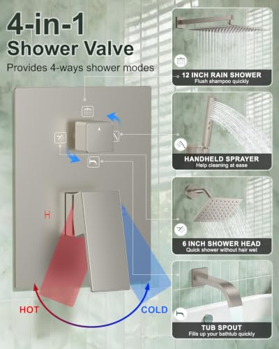 Rain Shower System with Rough-in Valve, Wall Mount Shower Faucet Set with 12" & 6" Dual Rain Shower Heads, 2-in-1 Handheld Shower, Tub Spout, 4-Function Complete Shower Fixture, Brushed Nickel - color: Brushed Nickel, size: Wall Mount-12"+6" head with Tub