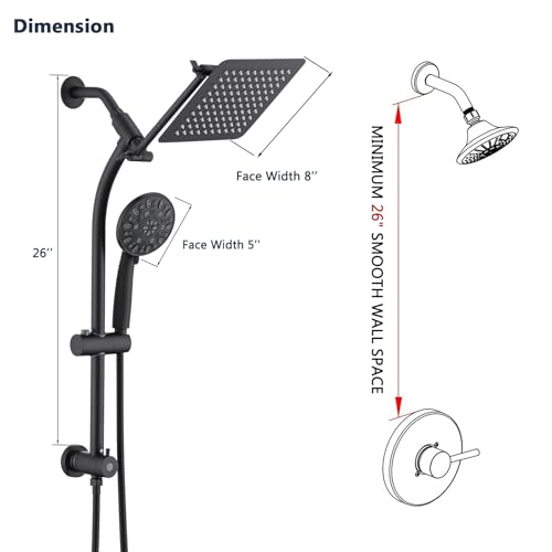 Rainfall 8 Inch Shower Head with High Pressure Handheld Spray Combo, Drill-Free Slide Bar with Adjustable Shower Extension Arm, 3-Way Low Diverter for Easy Reach, 5Ft Hose- Matte Black - color: Matte Black