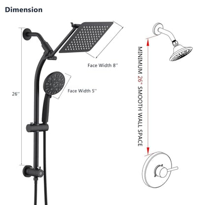 Rainfall 8 Inch Shower Head with High Pressure Handheld Spray Combo, Drill-Free Slide Bar with Adjustable Shower Extension Arm, 3-Way Low Diverter for Easy Reach, 5Ft Hose- Matte Black - color: Matte Black