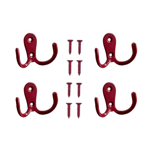 4 Pcs Double Prong Robe Hooks, Dual Coat Hooks Wall Mounted Hanging Clothes for Bathroom Bedroom Door Wall Retro Metal Cloth Hanger Double Coat Hooks with 8 Screws (Red) - color: Red