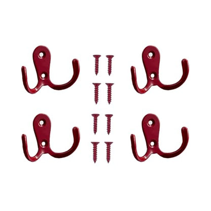 4 Pcs Double Prong Robe Hooks, Dual Coat Hooks Wall Mounted Hanging Clothes for Bathroom Bedroom Door Wall Retro Metal Cloth Hanger Double Coat Hooks with 8 Screws (Red) - color: Red