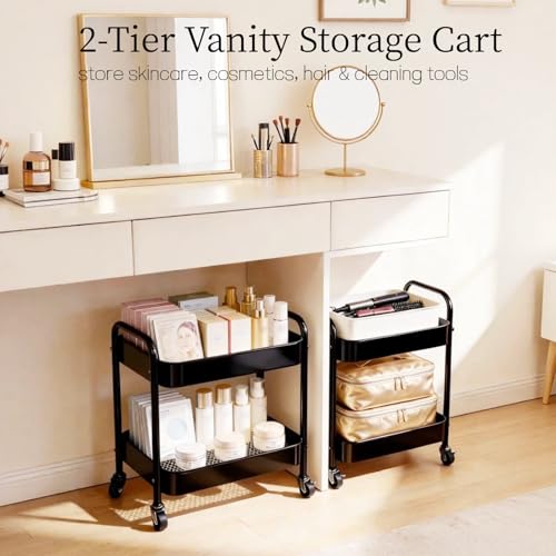 2 Tier Metal Rolling Utility Cart with Wheels Under Desk Storage Cart with Handle, Roll Around Organizer Trolley for Small Space Pantry Bathroom Home Kitchen Office Snack Baby Supplies, Black - color: Black