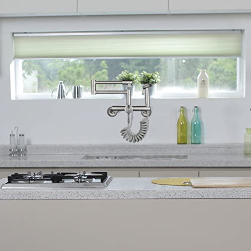 Wall Mount Kitchen Faucet 4""-8"" Center, Pot Filler Tap with Side Sprayer | 304 Stainless Steel Constructed, Brushed Nickle, Rotatable, Foldable - color: Style C, Large S-Union